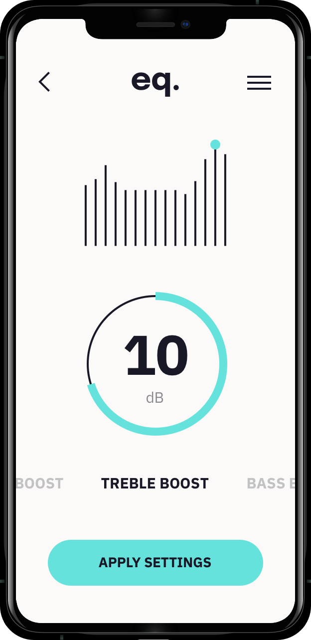 Illustration of the app inside a smartphone showing the treble equalization function